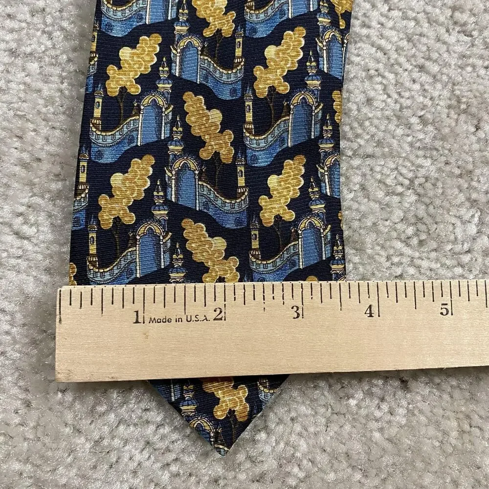 Christian Tyler Silk Tie Mens Blue Geometric Cityscape Jacquard Necktie London
